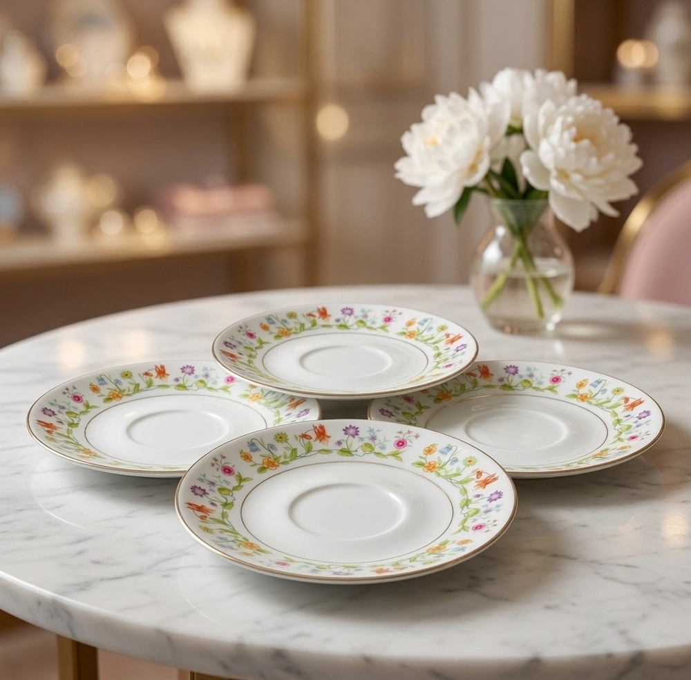 4x Vintage 1982 Ashley Overseas Eternal Love China Saucers 6" Floral Platinum